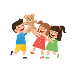 Obraz premium Three happy children, a boy and two girls, are laughing and playing together with a cute brown teddy bear on a plain white background.