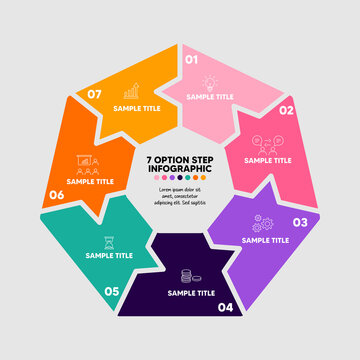 Vector heptagon chart infographic with 7 option steps for visual presentation templates, web, reports, posters, processes, brochures, and business communications. Editable vector