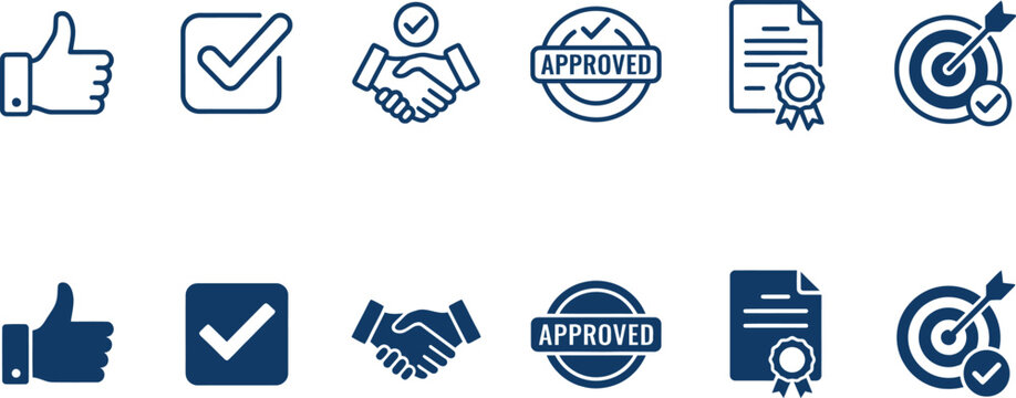 Business success and approval icons set including thumbs up handshake and documents with business