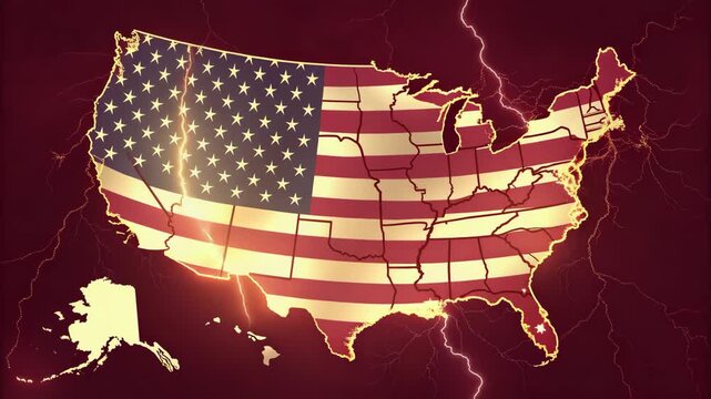 United States map in American flag colors with lightning strikes during a dramatic storm conceptualizing national power and energy