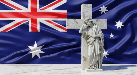 Naklejka premium A solemn statue of Jesus Christ leans against a cross, set against the backdrop of the Australian flag.