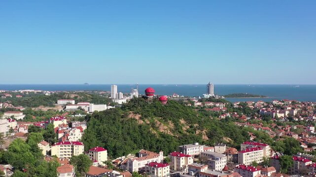 Aerial View of Dalian China Coastal Cityscape With Observatory Domes