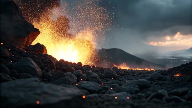 Volcanic eruption with molten lava flowing down rocky terrain under stormy skies cinematic motion