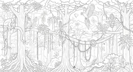 Obraz premium Detailed rainforest scene line art for coloring book.