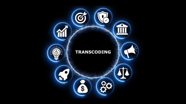 Transcoding word concept represented with digital glowing icons.