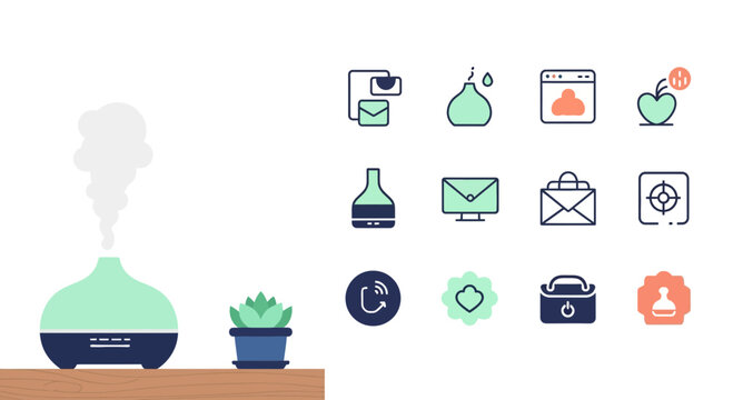 Modern Aroma Diffuser with Succulent and Graphic Icon Set