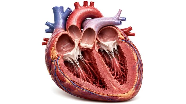 Realistic human heart anatomy illustration featuring internal cardiac structures in cross section view.  Ventricles, valves, coronary vessels, and myocardial tissue isolated on white background.