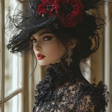 Portrait of woman in black hat red flower vintage fashion beauty model gothic style elegant dark fantasy