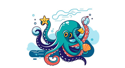 Colorful cartoon octopus smiling face. © inayah
