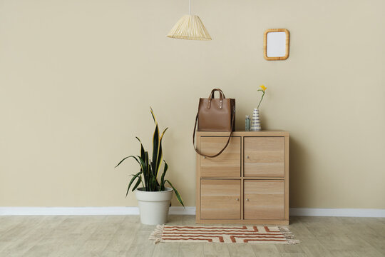 Interior of room with stylish bag on commode and plant