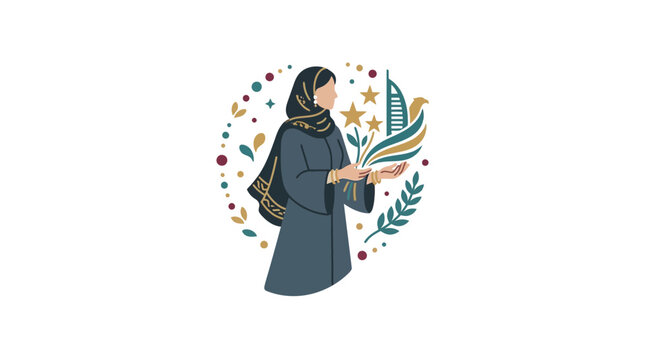 Arab Woman in Hijab with UAE Symbols - Dubai Skyline