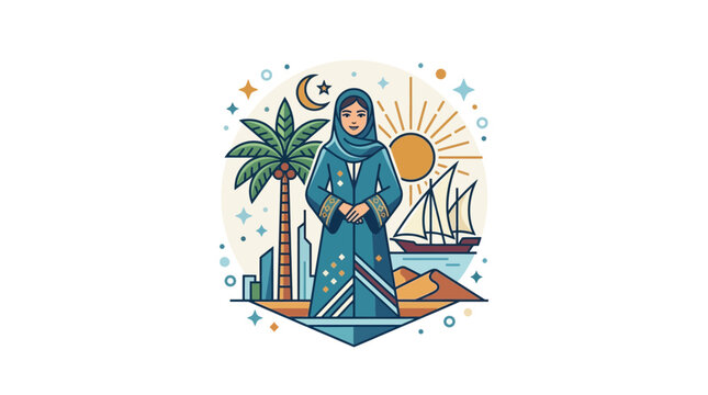 Arabian Woman in Traditional Dress, UAE Culture, Dubai Skyline, Dhow Boat