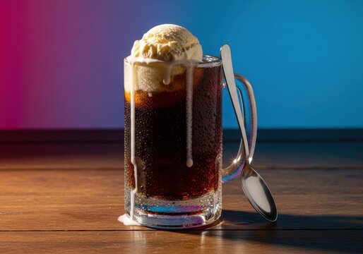 A Frothy Root Beer Float with Vanilla Ice Cream Melting in a Glass Mug with a Spoon
