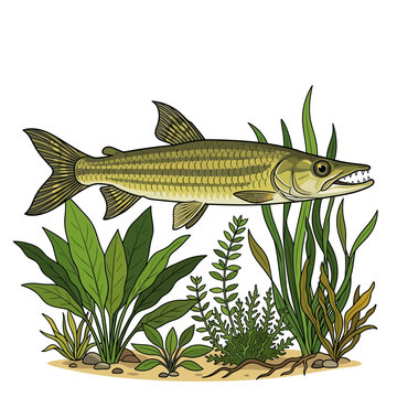 Tigerfish swimming underwater with aquatic plants and white background