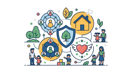 Fototapeta premium Community support and family protection concept vector illustration with social network and home icons. EPS Editable