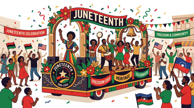 Colorful illustration of a Juneteenth parade float with people celebrating freedom and heritage. EPS Editable