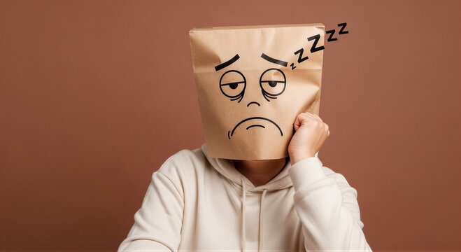 Person with a paper bag on their head with a sleepy face drawing, expressing exhaustion, boredom, or lack of sleep on brown background