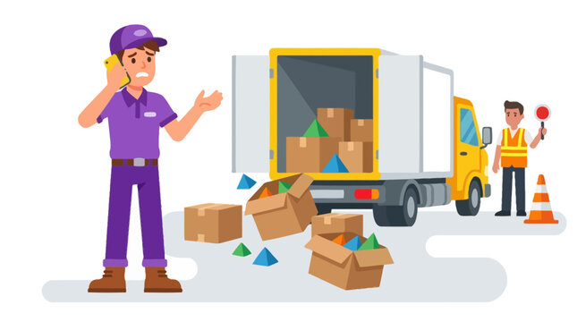 Delivery driver talking on phone with spilled boxes from truck vector illustration. EPS Editable