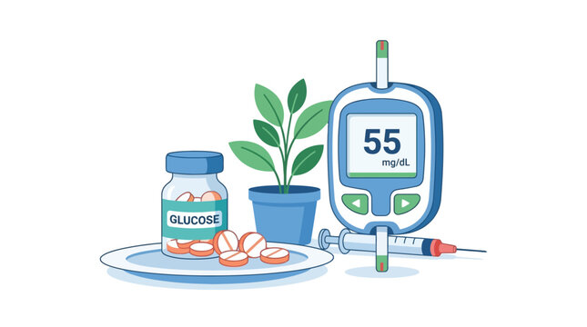 Diabetes management concept illustration with blood glucose meter syringe and glucose tablets. EPS Editable