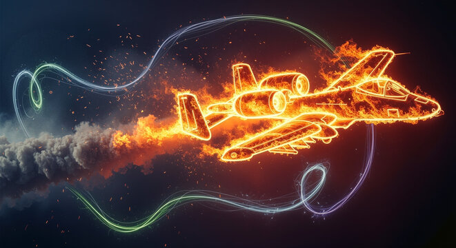 A-10 Thunderbolt II aircraft engulfed in flames, leaving a trail of smoke and colorful energy streams.
