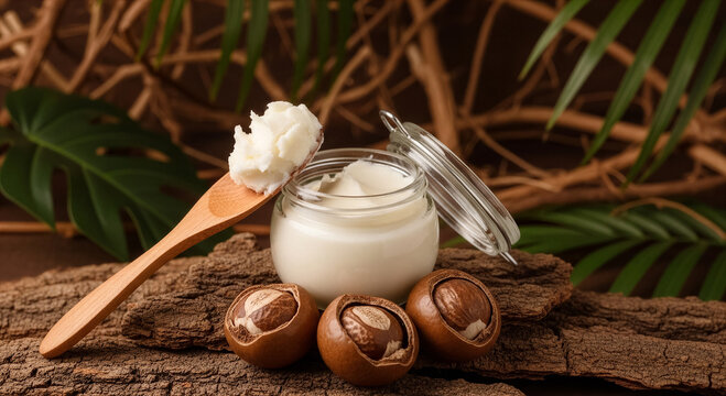 Shea butter in a glass jar with a wooden spoon and shea nuts on a rustic wooden surface with tropical leaves in the background