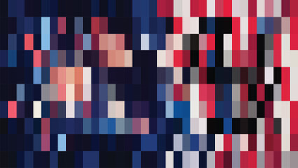 Dynamic pixel mosaic of vibrant red, classic blue, and clean white arranged in a striking modern composition © Mahmuda