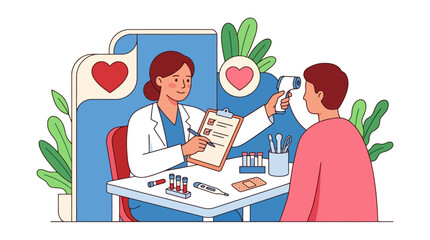 Fototapeta premium Female doctor checking male patient temperature with infrared thermometer during medical checkup illustration. EPS Editable