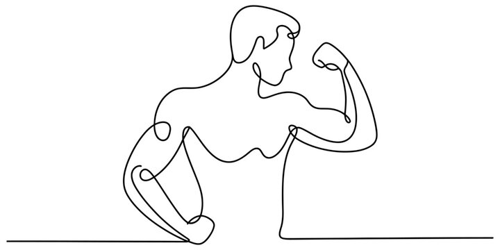 Strong muscular man flexing biceps in continuous single line art style Vector, illustration