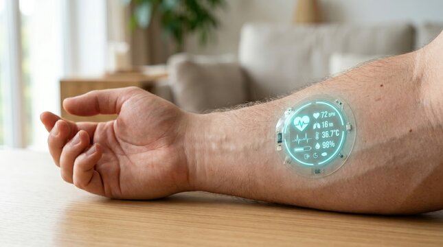 Futuristic transparent biometric skin patch on arm, holographic display showing heart rate and temperature, advanced health monitoring technology, sci-fi medical concept