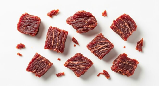 Delicious Dried Beef Jerky Pieces Arranged on a White Surface