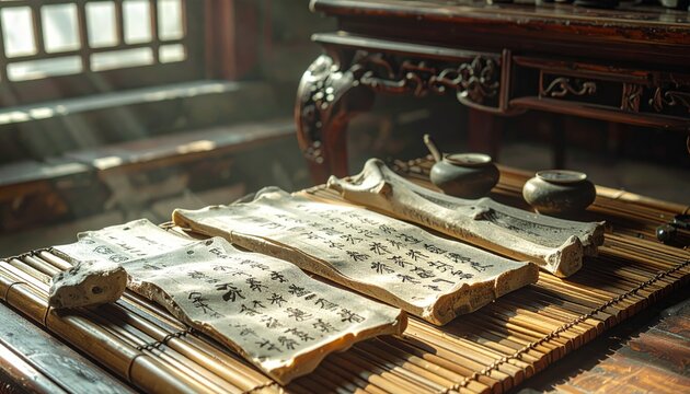 Ancient Oracle Bone Fragments with Early Chinese Script Displayed on Traditional Mat