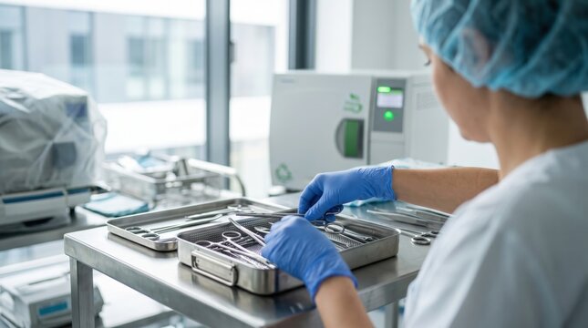 Nurse preparing surgical instruments in sterile tray, medical professional organizing tools for operation, hospital operating room preparation