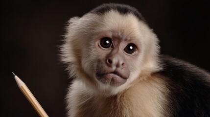 Naklejka premium Curious Capuchin Monkey with Pencil in Studio Setting