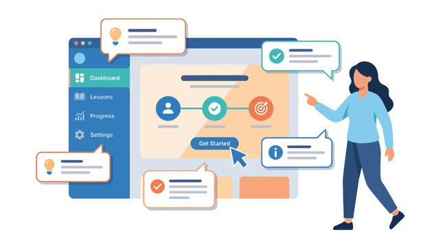Flat vector illustration of a woman interacting with a website user onboarding dashboard interface showing registration steps and tooltips. EPS Editable