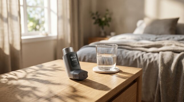 Smart health monitor device on wooden bedside table next to glass of water in sunny bedroom, digital wellness technology for sleep tracking and vital signs monitoring at home