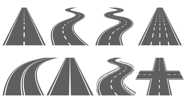 Eight different road perspectives including straight, curved, winding, and intersection views are rendered in a clean flat graphic style today.