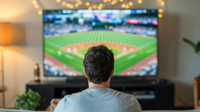 Man watching baseball game on tv at home
