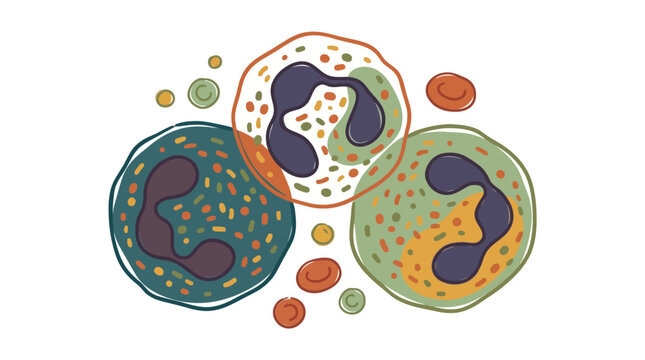 Hand drawn illustration of white blood cells showing lobed nuclei and granules. EPS Editable