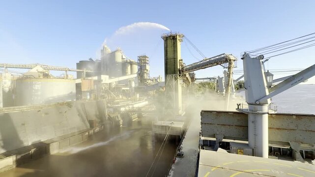  loading wheat from silo to ship water spray for dust reducing