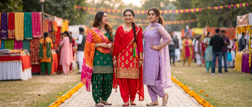 Three Indian women in colorful traditional salwar kameez laugh and walk arm-in-arm through a decorated courtyard during a joyful wedding festival, surrounded by marigolds, guests and ornate textiles.