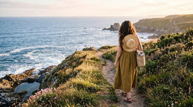Woman walking along scenic coastal path at sunset carrying straw hat and basket, enjoying nature and seaside hiking adventure
