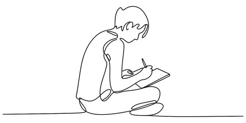 Continuous single line drawing of a student writing in a notebook while sitting down Vector, illustration © Alo 2026 Arts