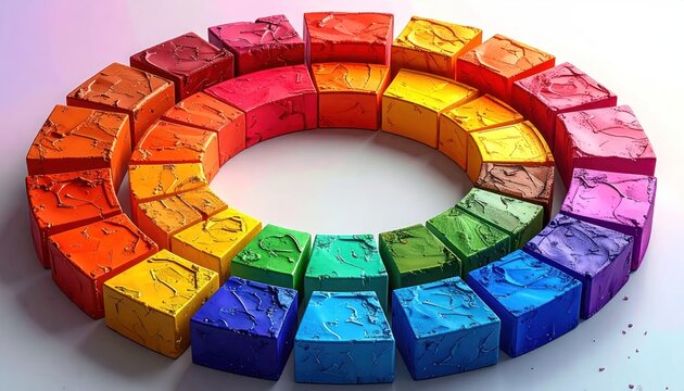 Vibrant Color Wheel Made of Cubes - A Spectrum of Hues.