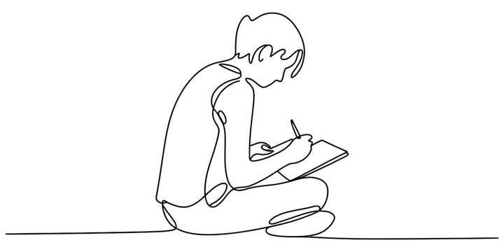 Continuous single line drawing of a student writing in a notebook while sitting down Vector, illustration