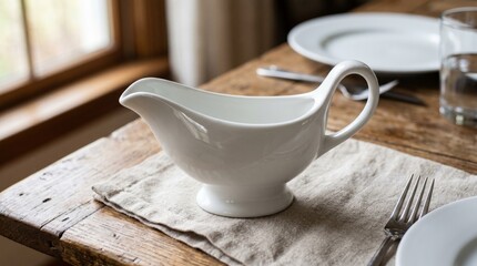 Obraz premium Photorealistic image of a small white ceramic gravy boat, empty and clean