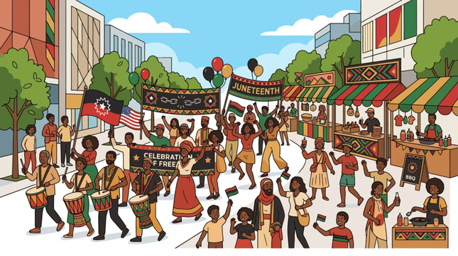 Juneteenth celebration parade illustration with people marching playing drums and holding freedom banners in a city street festival. EPS Editable