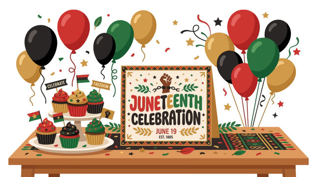Juneteenth celebration table setup with colorful balloons cupcakes and a decorative sign on a white background. EPS Editable