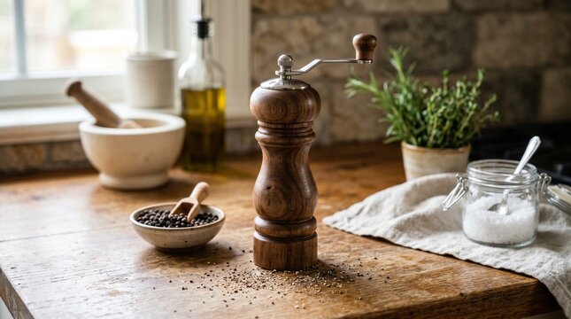 Photorealistic image of a natural wooden pepper mill grinder