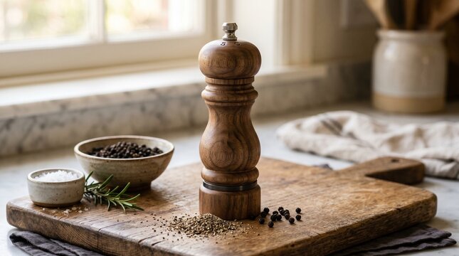 Photorealistic image of a natural wooden pepper mill grinder