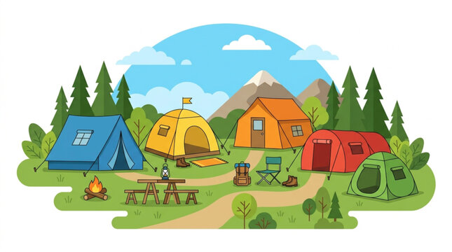 Campsite with multiple colorful tents and picnic table in mountain forest vector illustration